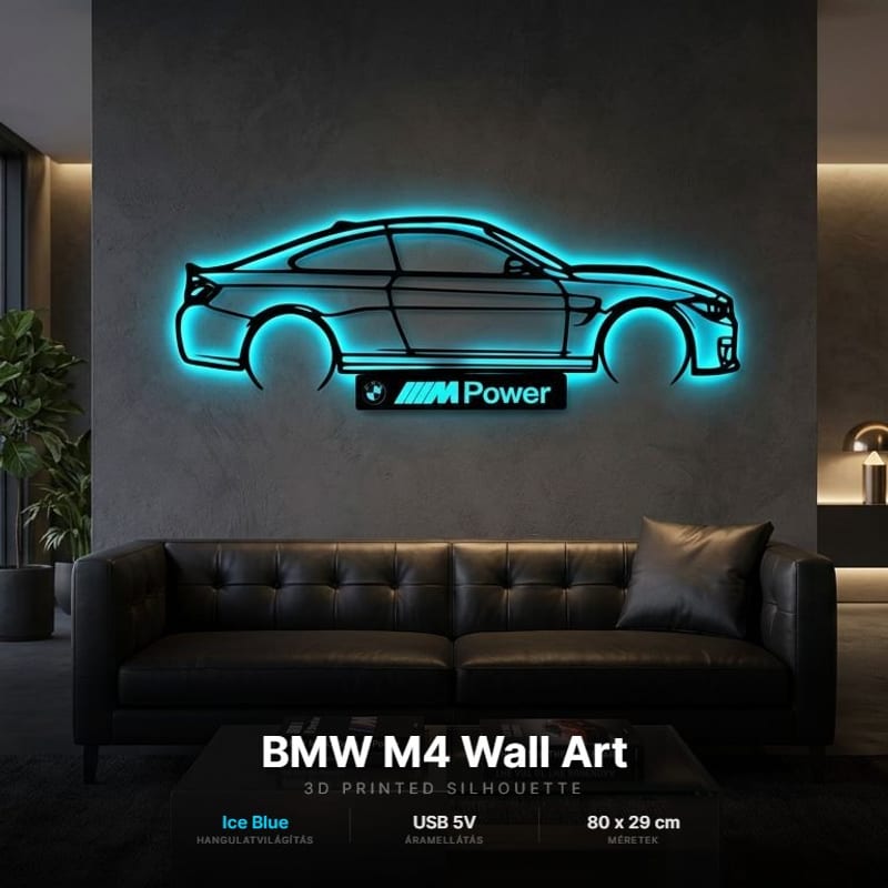 BMW M4 - 3D nyomtatott sziluett falidísz LED háttérvilágítással