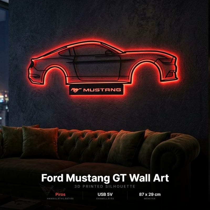 Ford Mustang GT - 3D nyomtatott sziluett falidísz LED háttérvilágítással
