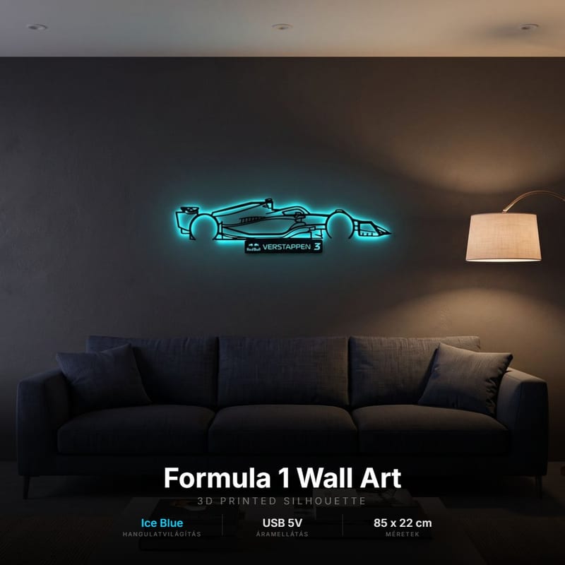 Forma-1 versenyautó - 3D nyomtatott sziluett falidísz LED háttérvilágítással, egyedi névtáblával