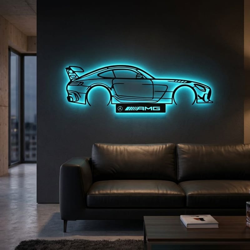 Mercedes AMG GT — 3D nyomtatott sziluett falidísz LED háttérvilágítással