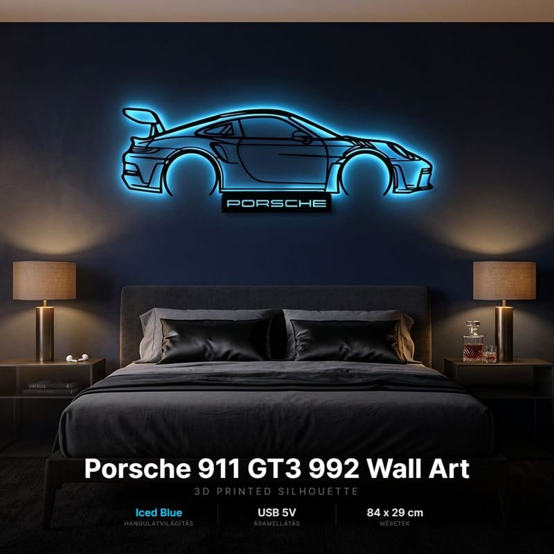 Porsche 911 GT3 - 3D nyomtatott sziluett falidísz LED háttérvilágítással